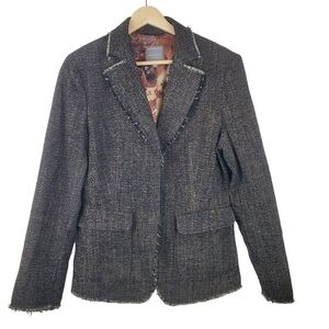 Marc Aurel Black Tweed Blazer Raw Hem Flap patch pocket‎ Office Hidden Snap wool